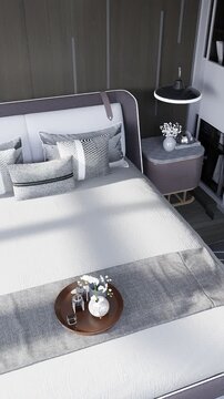 3D render vertical animation of a minimalist bedroom