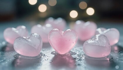 Fototapeta premium Pink heart-shaped ice cubes gently melting on a cool surface, reflecting soft bokeh lights.