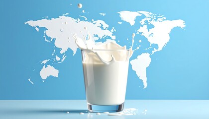 Milk spills from a glass with a stylized world map backdrop, on a pale blue surface