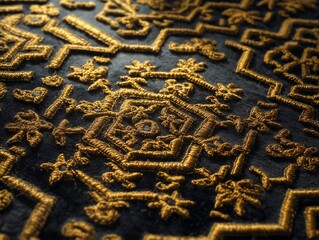 Luxurious textured background featuring heavy gold thread embroidery in geometric patterns on a rich, dark colored fabric surface