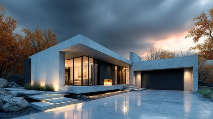 modern concrete house with large windows and a fireplace on a dramatic evening sky