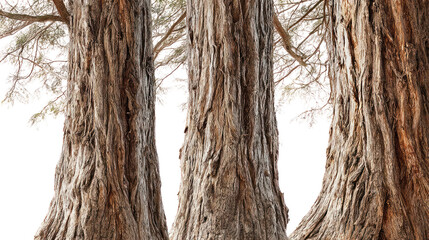 Fototapeta premium Three distinct redwood trees massive trunks shaggy bark winter on transparent background