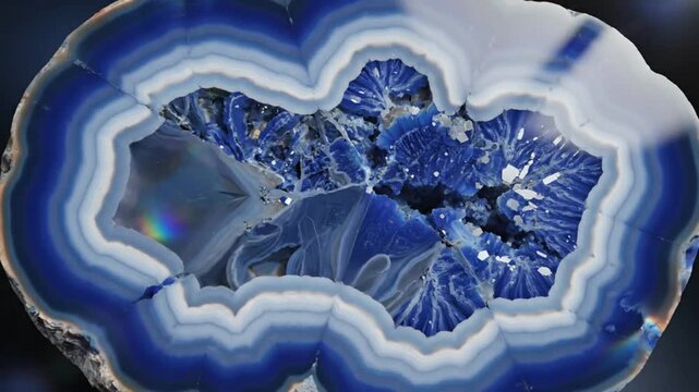 Mesmerizing close up view of the stunning blue and white banded geode crystal with inner crystalline formations