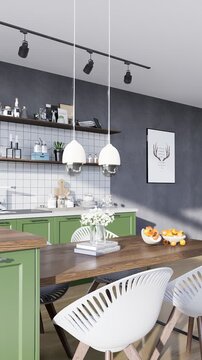 3D render vertical animation modern kitchen