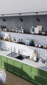 3D render vertical animation modern kitchen