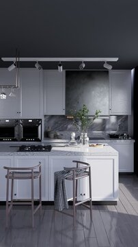 3D render vertical animation modern kitchen