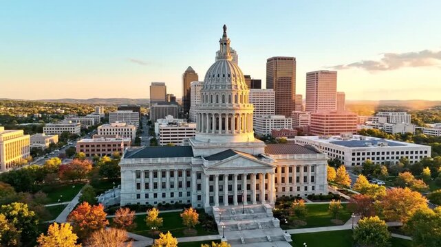 Oklahoma State Capitol Building at Golden Hour Stands Amidst Modern City Skyline Aerial View