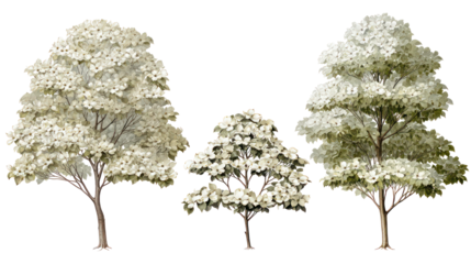 Three dogwood trees of the same species side by side one mature on transparent background