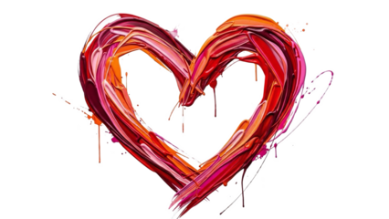 Vibrant red and orange heart shape, abstract brush strokes, isolated on transparent background, colorful artistic expression, romantic symbol