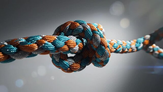 Close up view of vibrant colored rope tied into a complex knot, symbolizing connection and strength, against a blurred background.