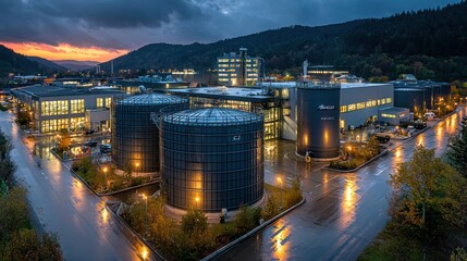Industrial plant at dusk with large silos and reflective wet asphalt surfaces