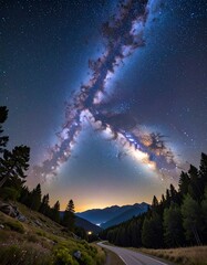 Milky Way arcs above a quiet road cutting through trees in the mountains under a starlit sky