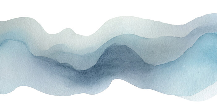 Pale blue gray abstract watercolor paint flow shape isolated PNG cutout, transparent background. Dynamic design element