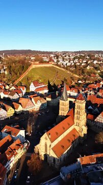 A vertical view of a vineyard on a hillside above urban Esslingen with terraced vines and surrounding buildings on a clear sunny winter day. Ideal for travel tourism for mobile platforms