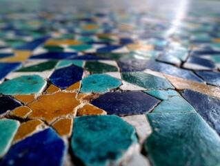 Vibrant traditional Islamic mosaic background with hand-cut tile patterns in turquoise, gold, and terracotta for cultural design projects