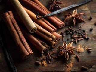 Warm and aromatic spices background featuring whole cinnamon sticks, cloves, and star anise arranged on a rustic wooden surface