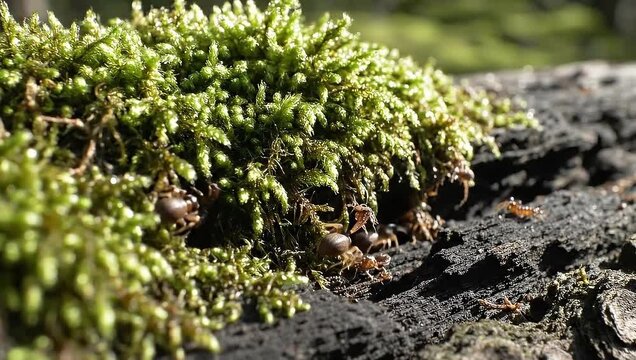 Close-up of vibrant green moss growing on a tree trunk in a forest.