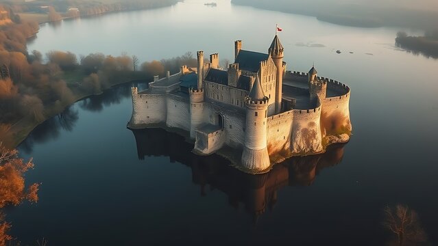Aerial view of a medieval castle with stone walls reflected in a deep moat.