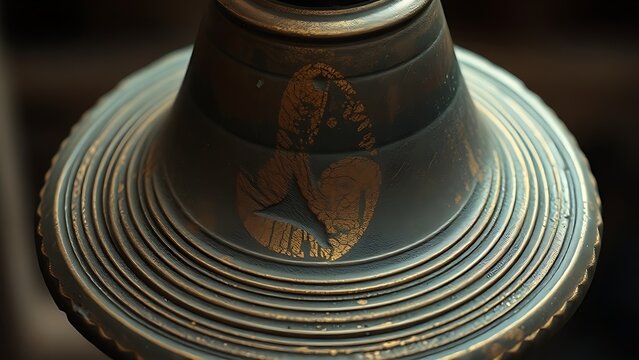 Ancient bronze bell with detailed texture and visible ripples in the air.