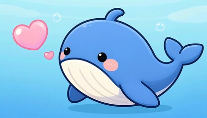 Obraz premium An adorable blue whale happily swimming underwater with floating pink hearts and bubbles