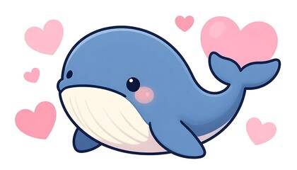 Obraz premium Adorable blue cartoon whale with rosy cheeks swimming happily amidst floating pink hearts