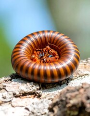 Millipede curled defensively on a textured branch against soft green and blue blurred background