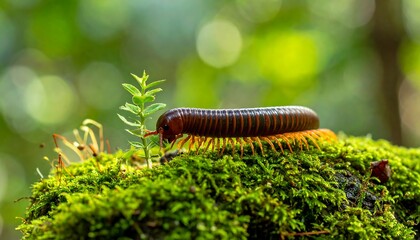 Millipede crawls over moss, a small green sprout. Bright green bokeh blurs in the background, out of focus
