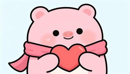 Fototapeta premium Adorable pink character with a scarf holding a vibrant red heart, radiating warmth and affection