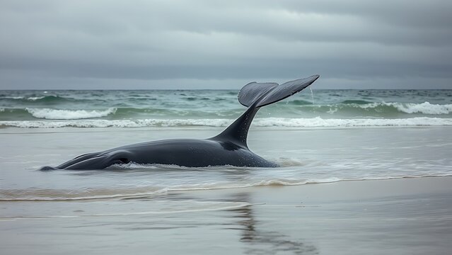 Beached whale with tail fin splashing in shallow water under overcast sky.