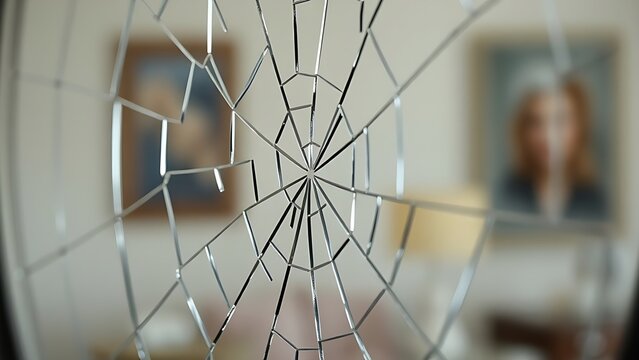 Cracked mirror with a distorted reflection and broken surface texture.