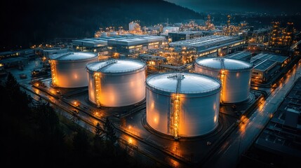 Illuminated Industrial Storage Tanks at Night Under Dramatic Lighting and Dusk Sky