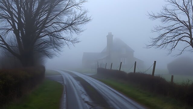 Misty country lane leading to a distant stone cottage.