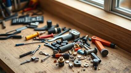 Unused small tools and components scattered on a wooden workbench corner.