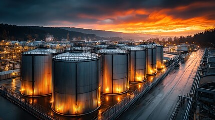 Industrial Storage Tanks Glow During Dramatic Sunset Over Factory Landscape