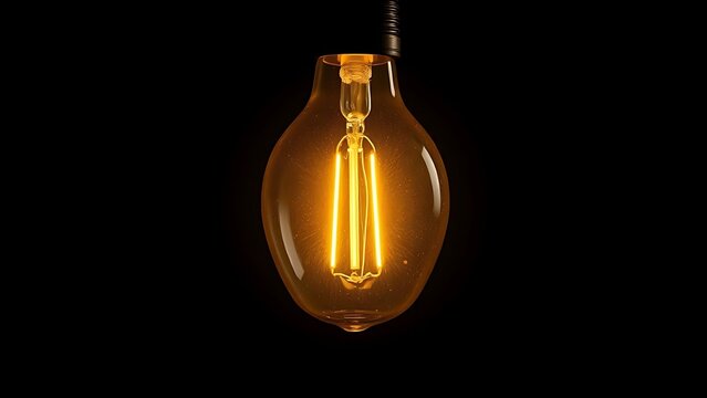 A glowing lightbulb with visible filament, centered in a dark studio setting.
