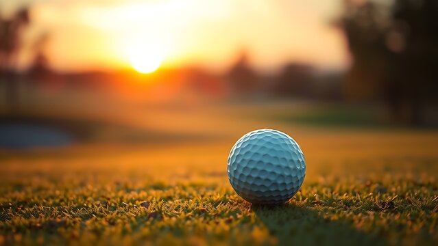Golf ball on tee during golden hour, warm sunset glow over the course landscape.