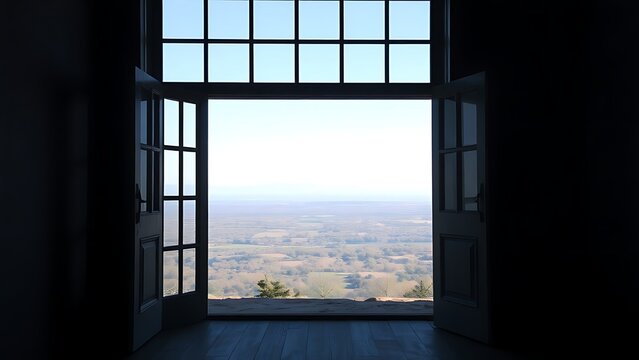 An open doorway framing a bright landscape outside, contrasting with a dark interior.
