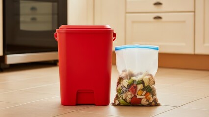 Bright red kitchen compost bin and bag filled with organic food scraps, promoting home sustainability and waste reduction