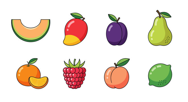 Colorful cartoon fruits melon mango plum pear orange raspberry peach lime