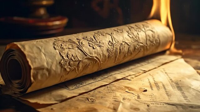 Rolled parchment scroll with embossed floral design, resting on aged paper documents.