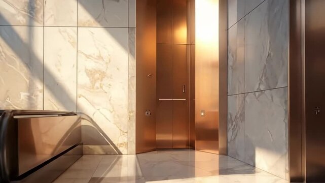 Modern lobby interior with marble walls, shiny floor, and golden elevator doors.