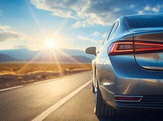 Rear View of a Luxury Silver Sedan Driving Toward the Horizon at Sunset. High-performance automotive concept for open road travel, luxury car advertising, and scenic highway journeys.