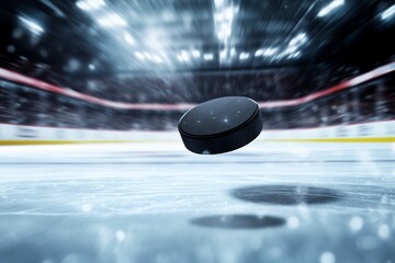 Black Hockey Puck Flying Through the Air Above an Ice Rink. Dynamic sports concept for ice hockey matches, professional sports competition, and high-speed athletic action.