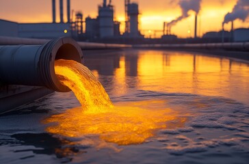 Glowing Toxic Industrial Waste Pouring from a Pipe into a River at Sunset. Environmental pollution concept for chemical contamination, ecological crisis, and wastewater management.