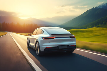 White Electric SUV Driving on a Scenic Mountain Road at Sunset. Clean energy transportation concept for eco-friendly travel, electric vehicle performance, and sustainable automotive lifestyle.