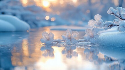 Frost Covered Twig Reflecting Golden Sunlight on Icy Water Surface Macro Shot
