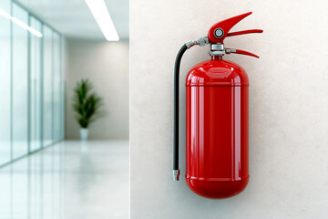 Red Fire Extinguisher Mounted on an Office Wall with a Blurred Corridor Background. Essential safety equipment concept for workplace compliance, fire prevention, and building security standards.