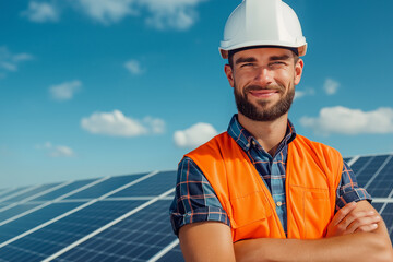 Smiling Solar Engineer Standing Confidently at a Photovoltaic Power Plant. Professional concept for renewable energy careers, sustainable infrastructure, and green technology transition.