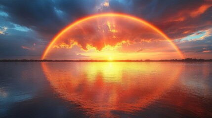 Dramatic sunset with a glowing halo over calm water reflecting vibrant orange and red sky clouds