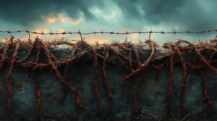 Barbed Wire Fence Against Dramatic Cloudy Sky at Dusk with Warm Tones